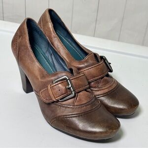 Nicole 8.5M Brown Leather Loafer Buckle Heels Boho Chic Prairie Peasant Cottage